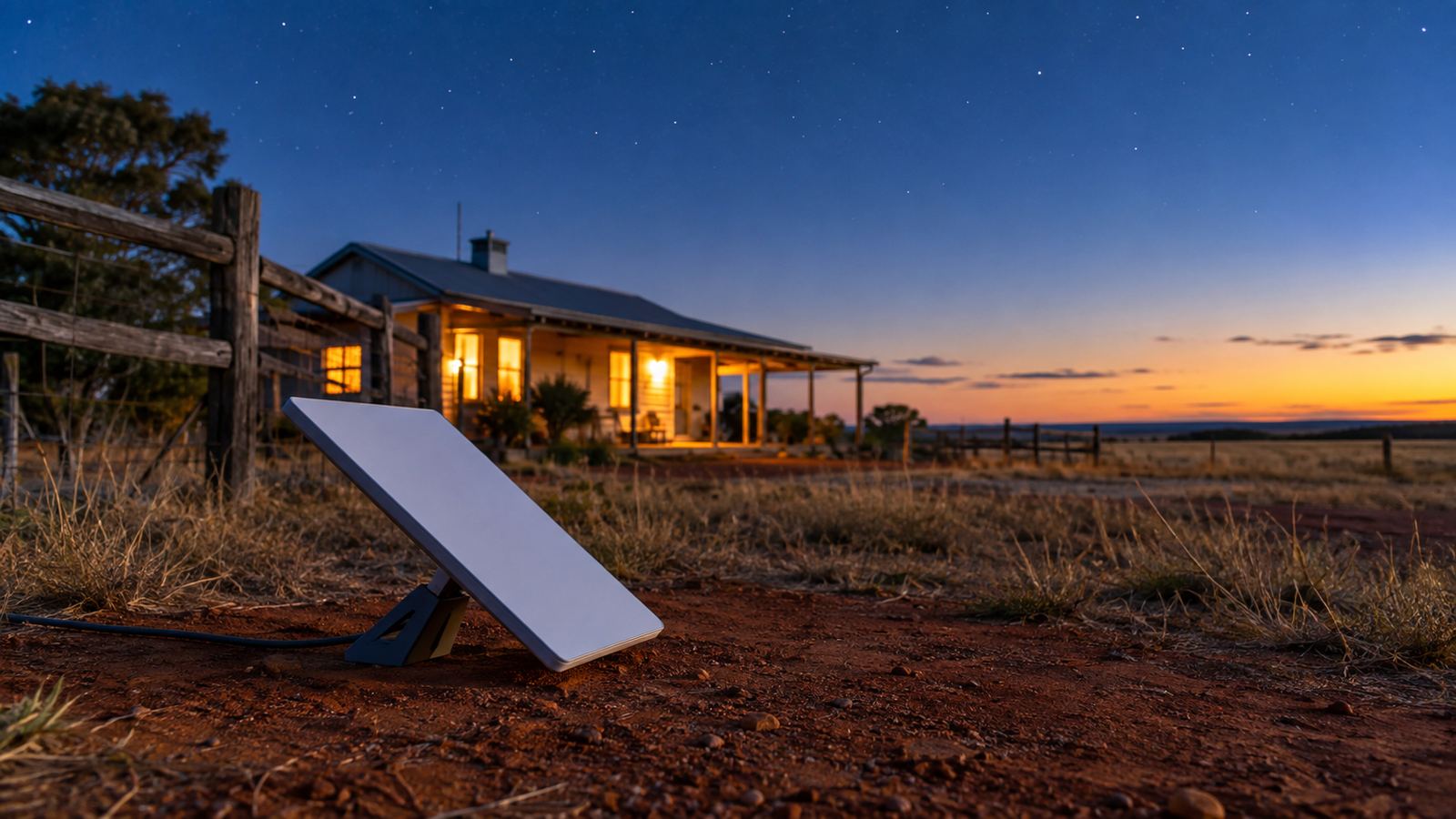 A Starlink dish on its kickstand on red dirt at blue hour outside a rural Western Australian farmhouse with its windows lit, the last band of sunset on the horizon behind