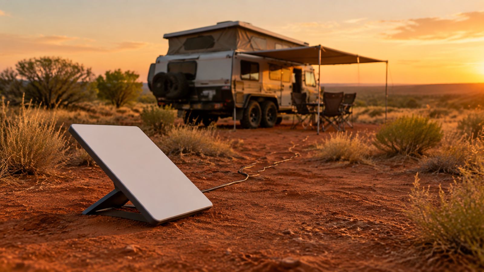 A Starlink Mini on its kickstand on red dirt in the foreground, with an off-road caravan and awning set up at a remote Western Australian bush campsite behind it at sunset