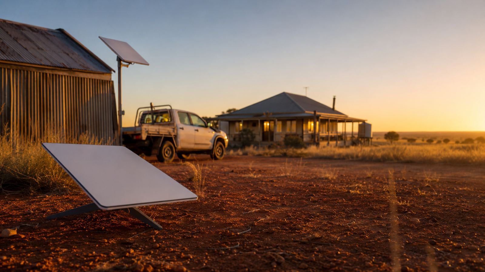 A flat white satellite internet antenna on its kickstand on red dirt in the foreground, with a second antenna pole-mounted beside a corrugated iron shed and a homestead with its lights on in the distance, at golden hour on a Western Australian property