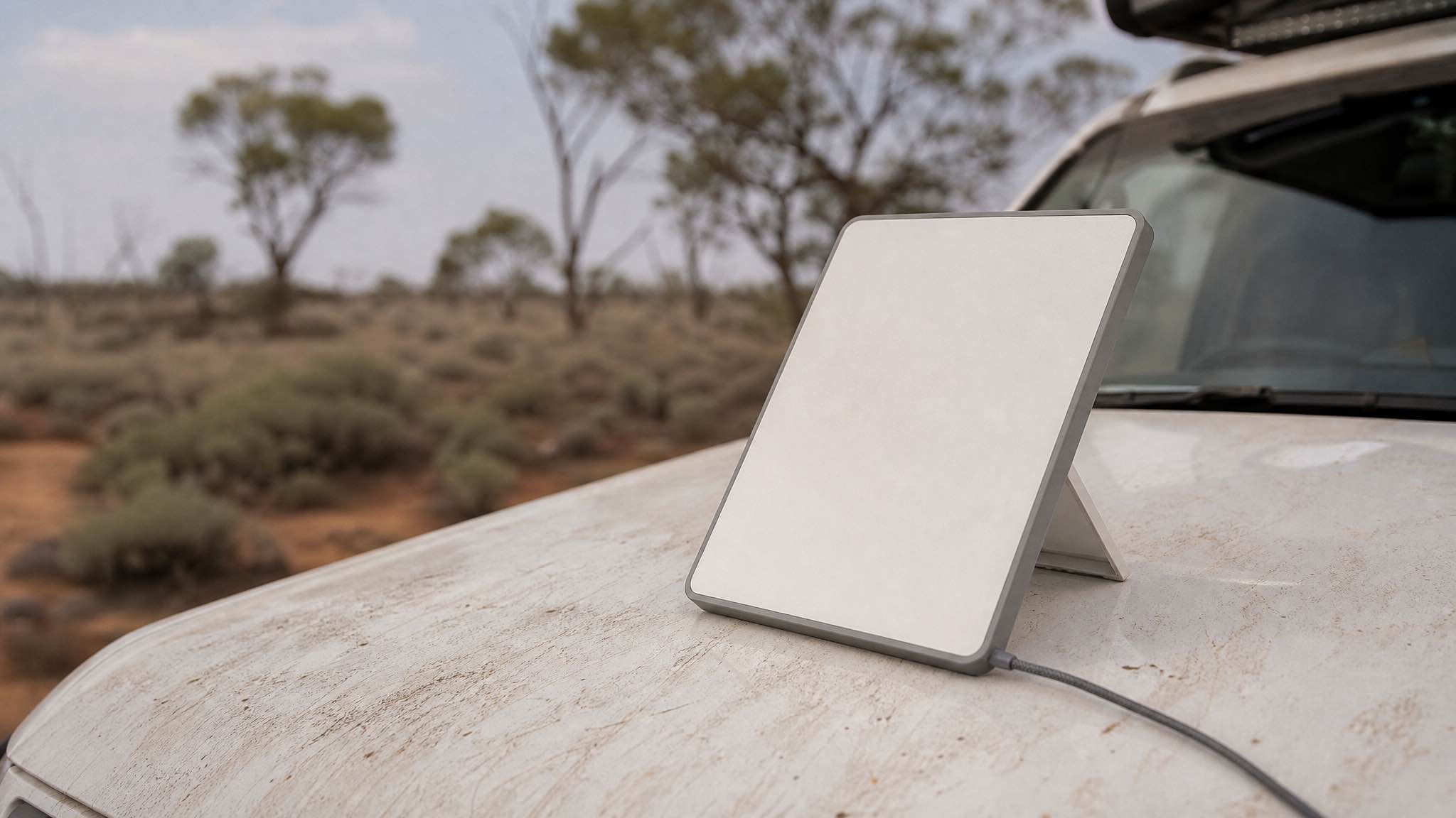 Campervan parked on red dirt in the Western Australian outback at golden hour with a Starlink Mini dish set up beside it