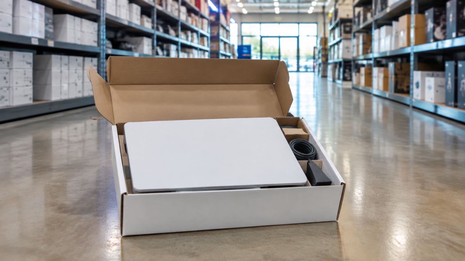 An open Starlink kit box on the polished concrete floor of a hardware and electronics retail aisle, with the antenna, coiled cable and kickstand visible inside